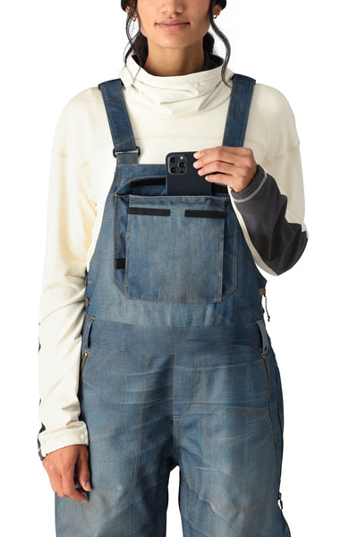 686 Women's Black Magic 20k Ski Snowboard Bib Deconstructed Denim Indigo Front Pocket