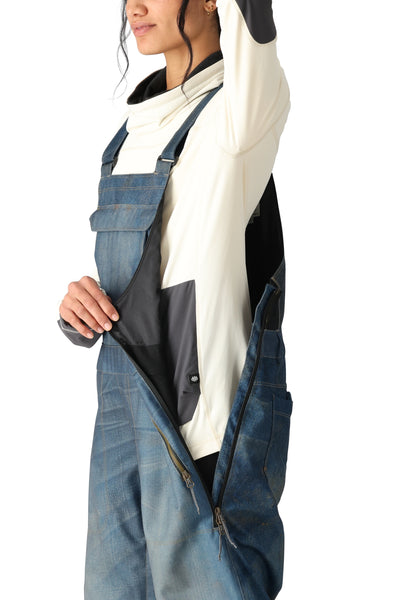 686 Women's Black Magic 20k Ski Snowboard Bib Deconstructed Denim Indigo Side Zip