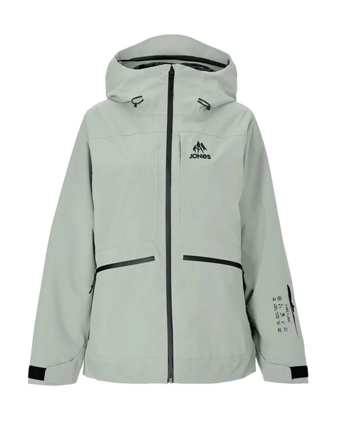 Light gray snowboarding jacket with black accents and a brand logo on a white background